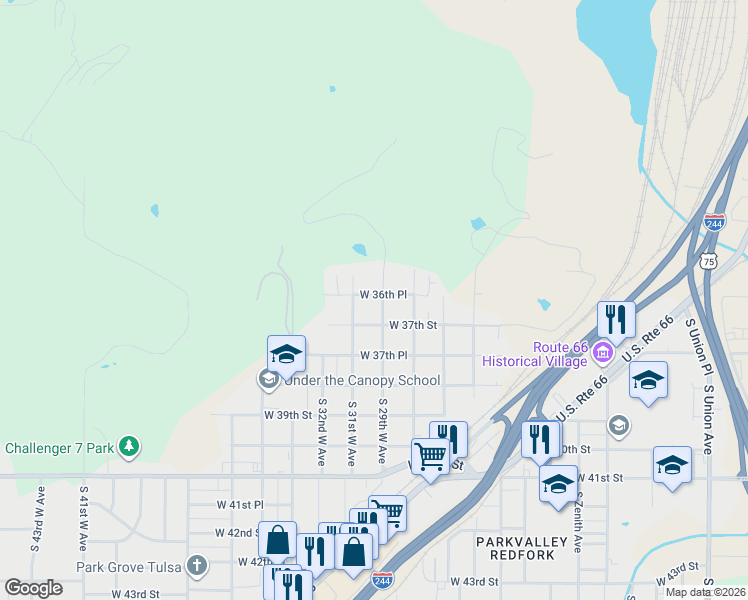 map of restaurants, bars, coffee shops, grocery stores, and more near 3623 South 29th West Avenue in Tulsa