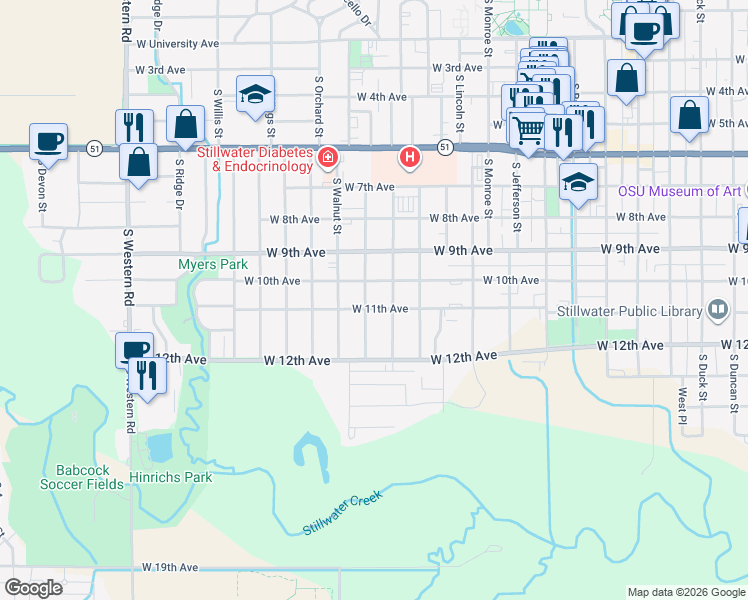 map of restaurants, bars, coffee shops, grocery stores, and more near 1011 South Pine Street in Stillwater