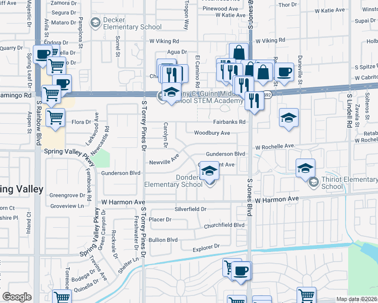 map of restaurants, bars, coffee shops, grocery stores, and more near 6345 Newville Avenue in Las Vegas