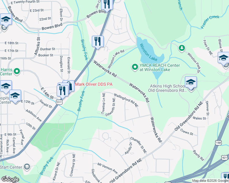map of restaurants, bars, coffee shops, grocery stores, and more near 2701 Wallingford Road Northeast in Winston-Salem