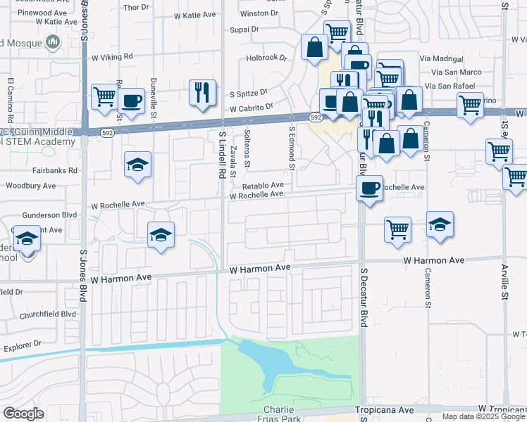 map of restaurants, bars, coffee shops, grocery stores, and more near 5260 River Glen Drive in Las Vegas