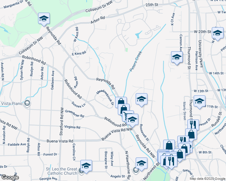 map of restaurants, bars, coffee shops, grocery stores, and more near 1300 Reynolda Road in Winston-Salem