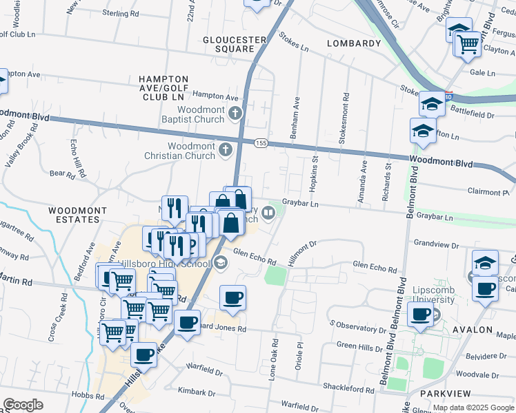 map of restaurants, bars, coffee shops, grocery stores, and more near 2097 Graybar Lane in Nashville