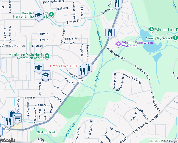 map of restaurants, bars, coffee shops, grocery stores, and more near 2622 New Walkertown Road in Winston-Salem