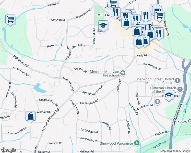 map of restaurants, bars, coffee shops, grocery stores, and more near 1132 Chester Road in Winston-Salem
