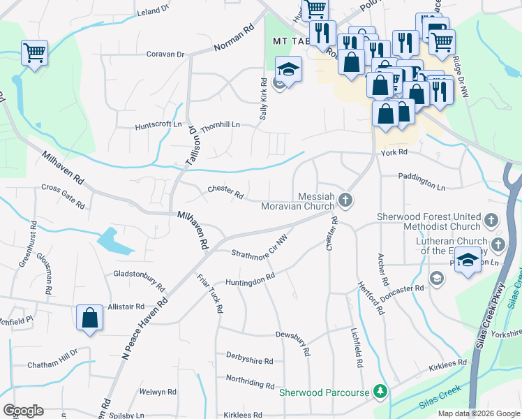 map of restaurants, bars, coffee shops, grocery stores, and more near 1150 Chester Road in Winston-Salem