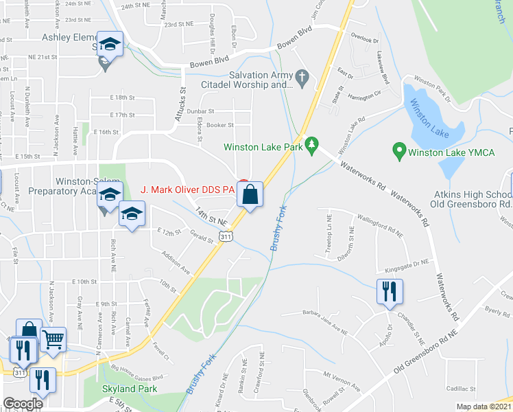 map of restaurants, bars, coffee shops, grocery stores, and more near 2622 New Walkertown Road in Winston-Salem