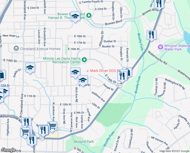 map of restaurants, bars, coffee shops, grocery stores, and more near 2115 Gerald Street in Winston-Salem
