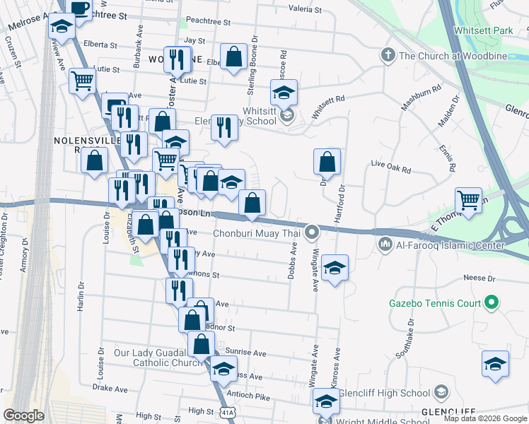 map of restaurants, bars, coffee shops, grocery stores, and more near 108 Thompson Lane in Nashville