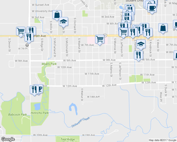 map of restaurants, bars, coffee shops, grocery stores, and more near 1011 South Pine Street in Stillwater