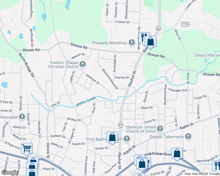 map of restaurants, bars, coffee shops, grocery stores, and more near 1108 Westmoreland Drive in Burlington