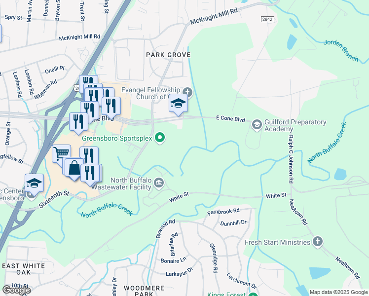 map of restaurants, bars, coffee shops, grocery stores, and more near 2400 Near 16th Street in Greensboro