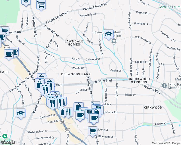 map of restaurants, bars, coffee shops, grocery stores, and more near 3204 Lawndale Drive in Greensboro
