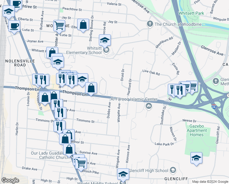 map of restaurants, bars, coffee shops, grocery stores, and more near 106 Prescott Place in Nashville