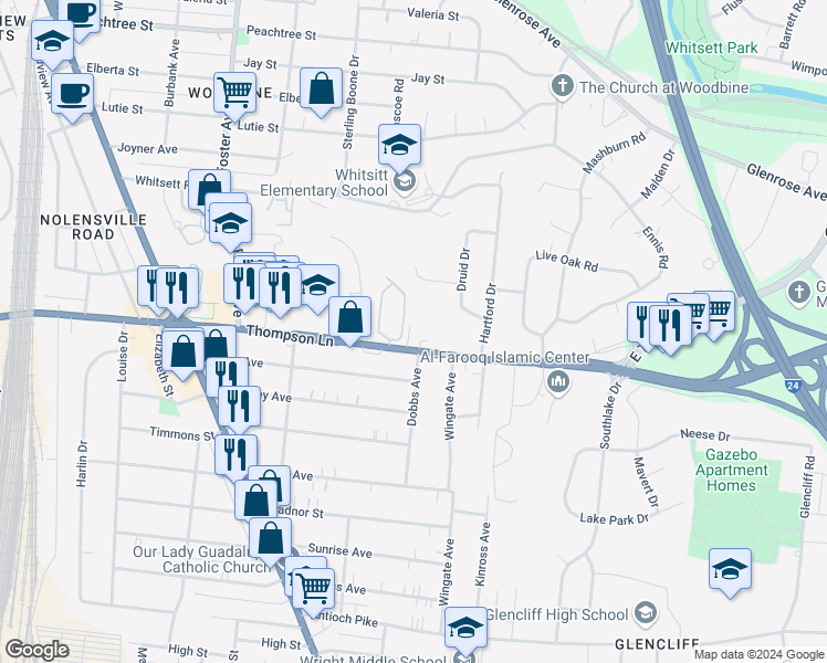 map of restaurants, bars, coffee shops, grocery stores, and more near 106 Prescott Place in Nashville