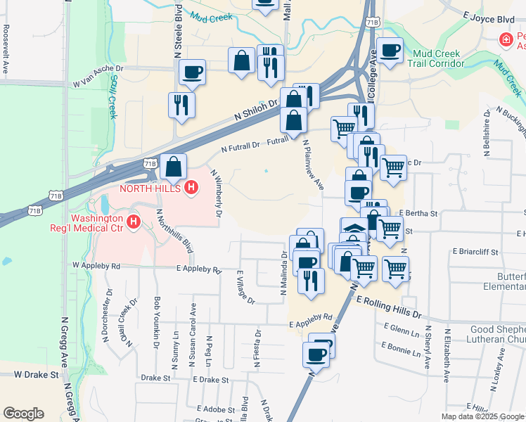map of restaurants, bars, coffee shops, grocery stores, and more near 415 East Longview Street in Fayetteville