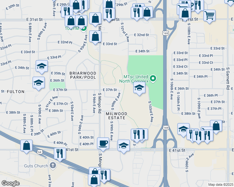 map of restaurants, bars, coffee shops, grocery stores, and more near 9832 East 37th Street in Tulsa