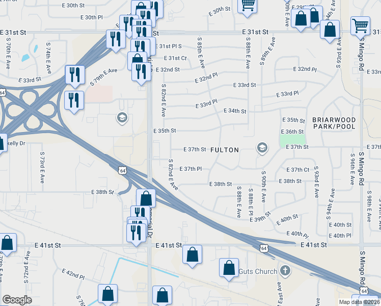 map of restaurants, bars, coffee shops, grocery stores, and more near 8245 East 37th Street in Tulsa