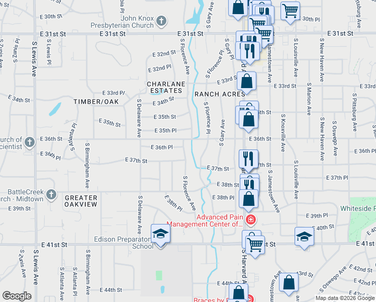 map of restaurants, bars, coffee shops, grocery stores, and more near 3110 East 36th Street in Tulsa