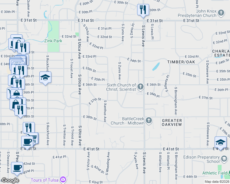 map of restaurants, bars, coffee shops, grocery stores, and more near 3603 South Yorktown Avenue in Tulsa
