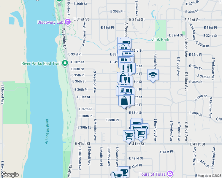 map of restaurants, bars, coffee shops, grocery stores, and more near 1111 East 36th Place in Tulsa
