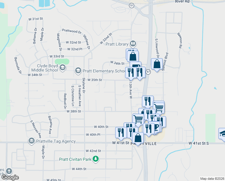 map of restaurants, bars, coffee shops, grocery stores, and more near 3506 Everett Drive in Sand Springs