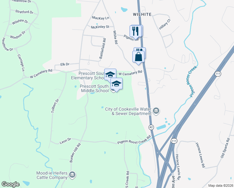 map of restaurants, bars, coffee shops, grocery stores, and more near 115 West Cemetery Road in Cookeville