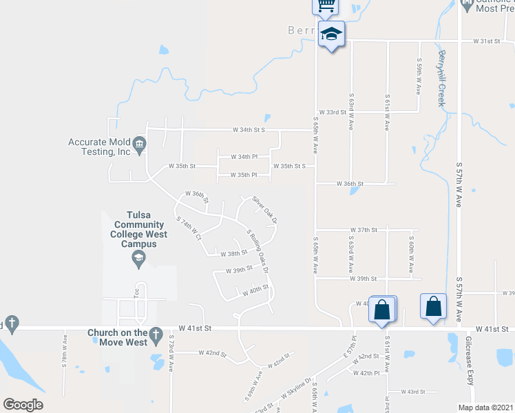 map of restaurants, bars, coffee shops, grocery stores, and more near 3611 Silver Oak Court in Tulsa