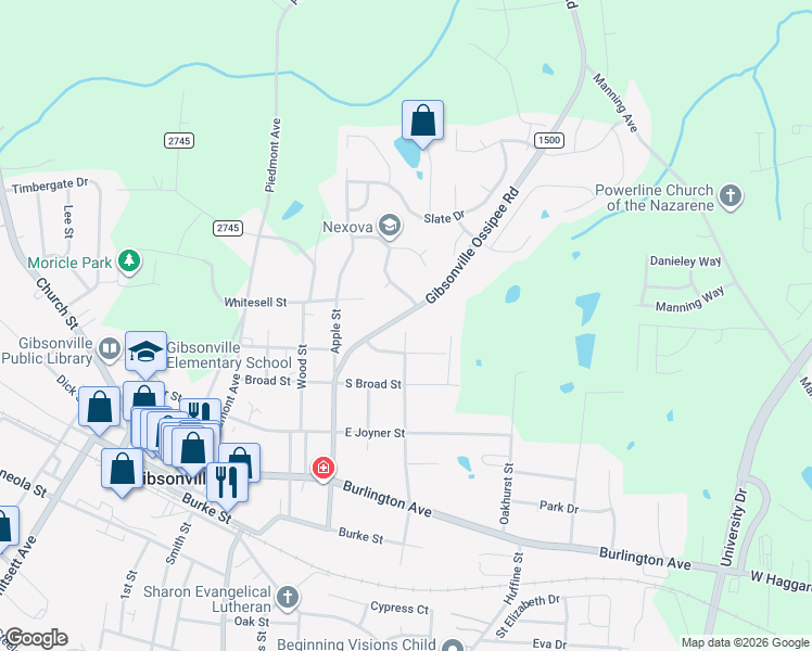 map of restaurants, bars, coffee shops, grocery stores, and more near 615 Ossipee Street in Gibsonville