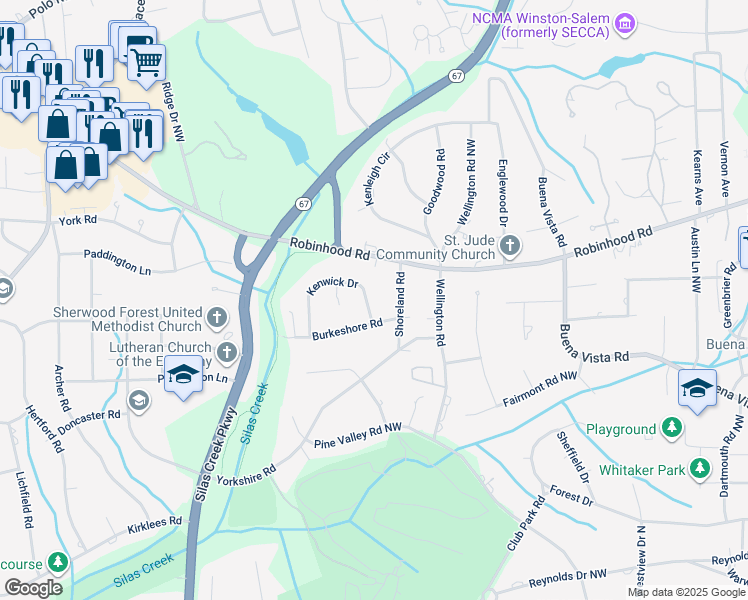 map of restaurants, bars, coffee shops, grocery stores, and more near 809 Kenwick Drive in Winston-Salem