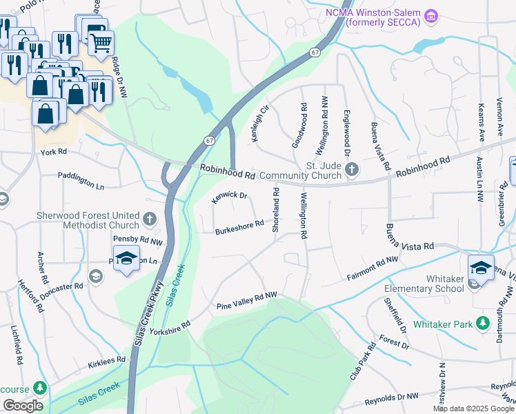 map of restaurants, bars, coffee shops, grocery stores, and more near 809 Kenwick Drive in Winston-Salem