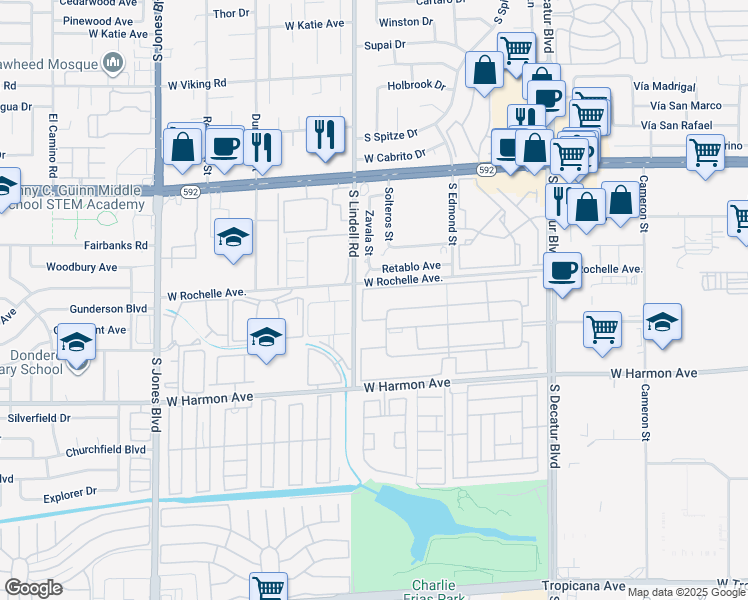 map of restaurants, bars, coffee shops, grocery stores, and more near 5422 River Glen Drive in Las Vegas
