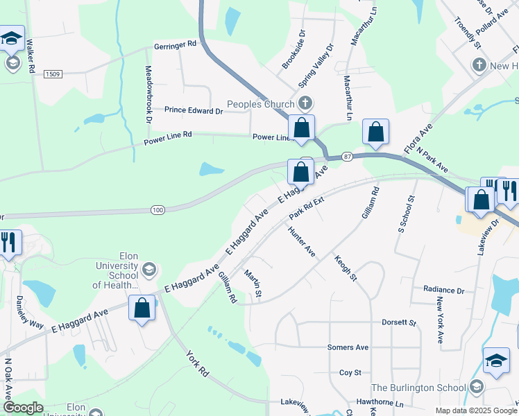 map of restaurants, bars, coffee shops, grocery stores, and more near 100 Campus Walk Trail in Elon