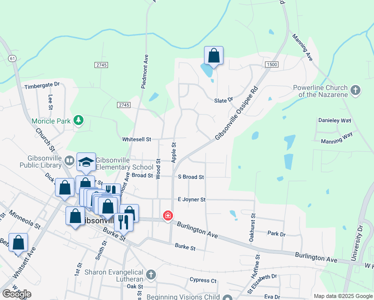 map of restaurants, bars, coffee shops, grocery stores, and more near 603 Gibsonville-Ossipee Road in Gibsonville
