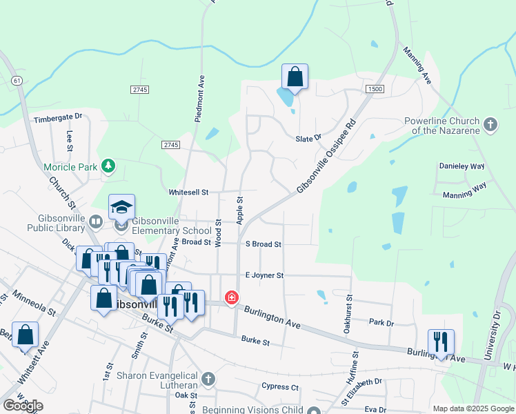 map of restaurants, bars, coffee shops, grocery stores, and more near 603 Gibsonville Ossipee Road in Gibsonville
