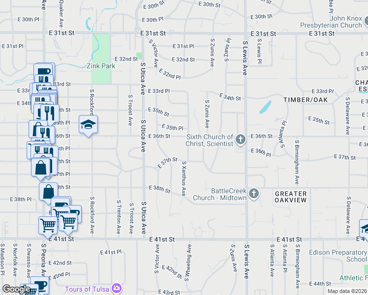map of restaurants, bars, coffee shops, grocery stores, and more near 1944 East 36th Street in Tulsa