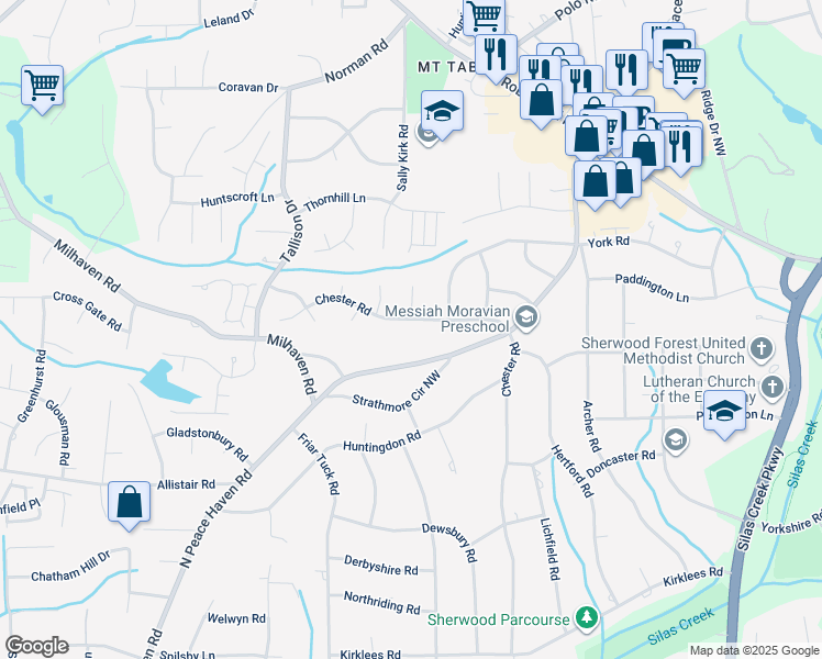 map of restaurants, bars, coffee shops, grocery stores, and more near 1132 Chester Road in Winston-Salem