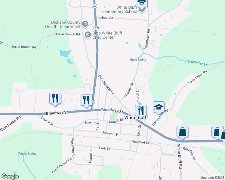 map of restaurants, bars, coffee shops, grocery stores, and more near 830 Old Charlotte Road in White Bluff