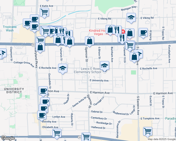 map of restaurants, bars, coffee shops, grocery stores, and more near 4326 Spencer Street in Las Vegas