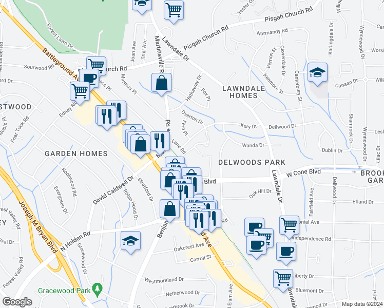 map of restaurants, bars, coffee shops, grocery stores, and more near 2511 Patriot Way in Greensboro