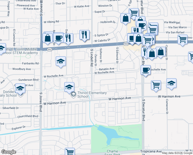 map of restaurants, bars, coffee shops, grocery stores, and more near 5422 River Glen Drive in Las Vegas