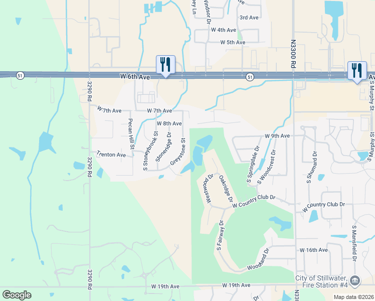 map of restaurants, bars, coffee shops, grocery stores, and more near 1002 Greystone Street in Stillwater