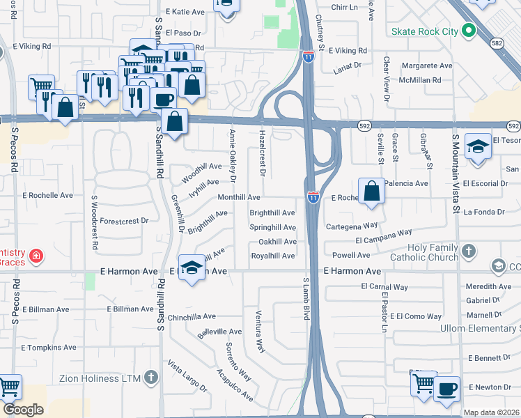 map of restaurants, bars, coffee shops, grocery stores, and more near 4076 Brighthill Avenue in Las Vegas