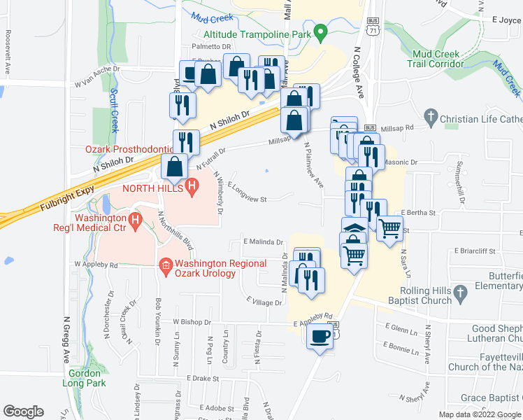 map of restaurants, bars, coffee shops, grocery stores, and more near 415 East Longview Street in Fayetteville