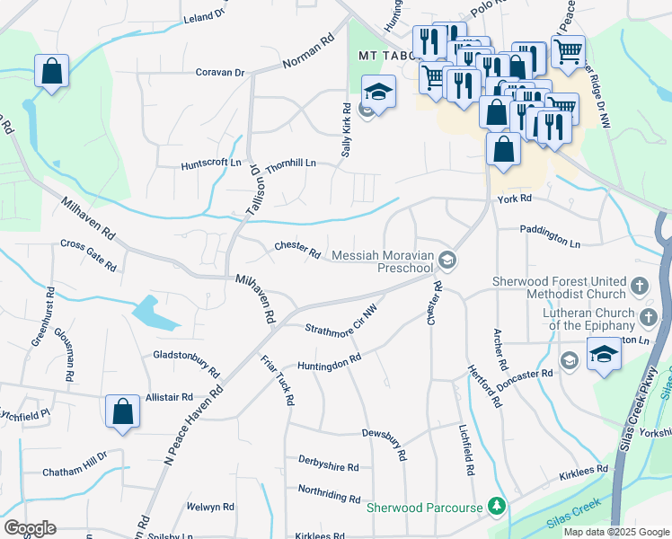 map of restaurants, bars, coffee shops, grocery stores, and more near 1150 Chester Road in Winston-Salem