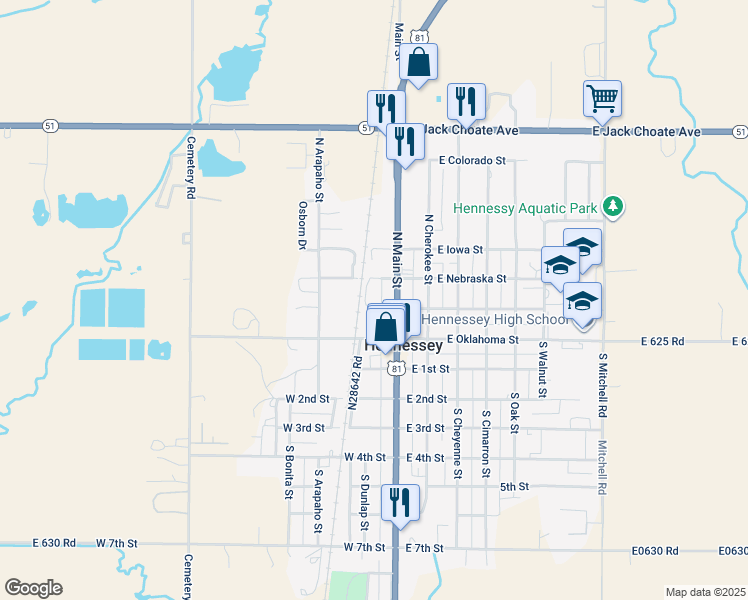 map of restaurants, bars, coffee shops, grocery stores, and more near 121 West Kansas Street in Hennessey