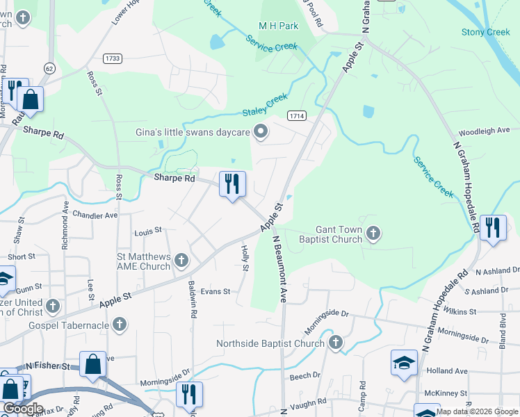 map of restaurants, bars, coffee shops, grocery stores, and more near 1402 Duggins Drive in Burlington