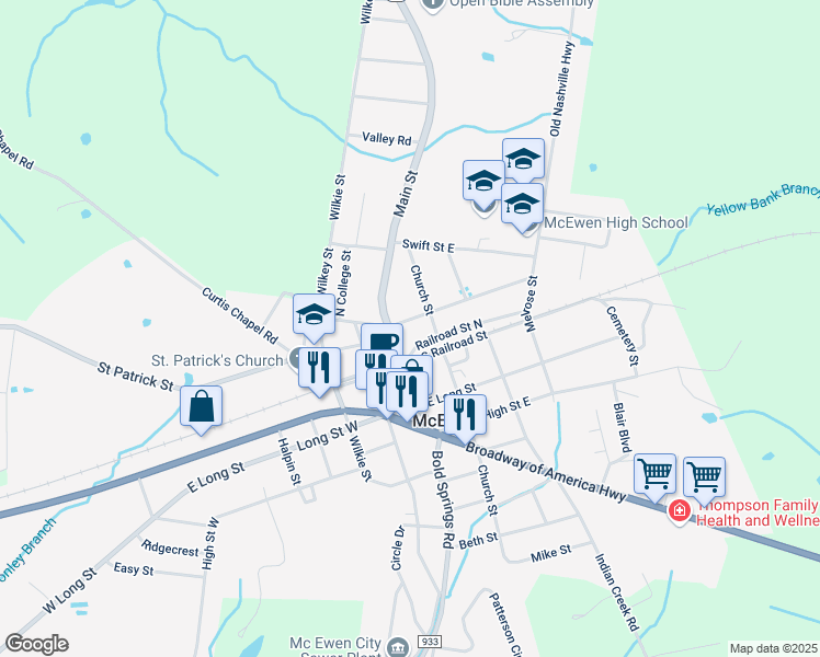 map of restaurants, bars, coffee shops, grocery stores, and more near 189 May Street in McEwen