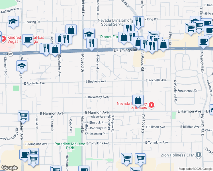 map of restaurants, bars, coffee shops, grocery stores, and more near 3156 Swallow Lane in Las Vegas