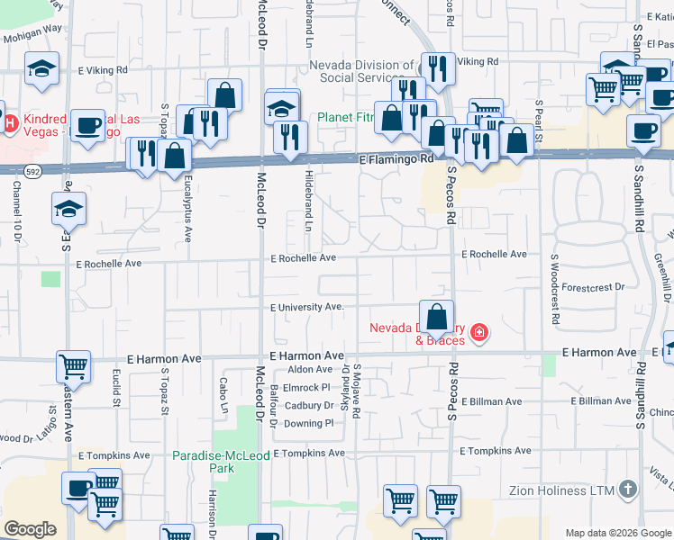 map of restaurants, bars, coffee shops, grocery stores, and more near 3156 Swallow Lane in Las Vegas
